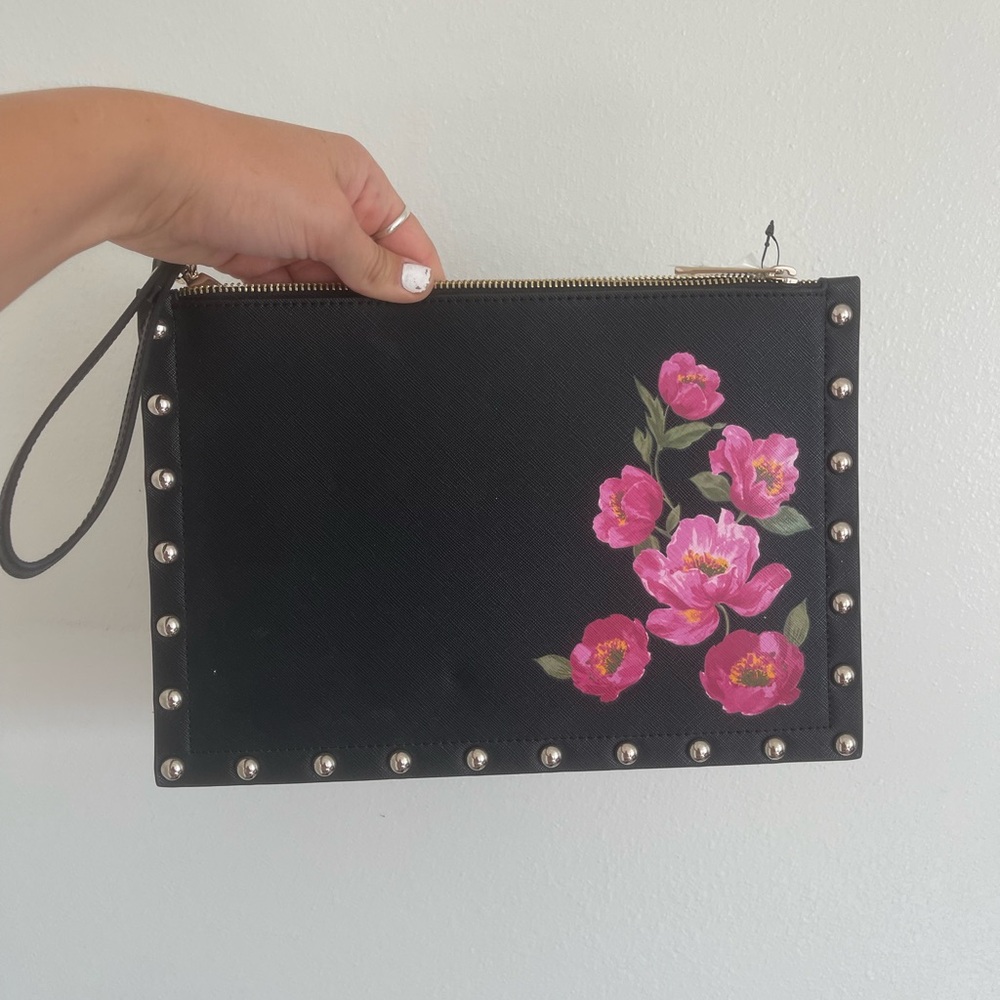 NWT White House Black Market WHBM Black w Pink Floral+Gold studs Clutch Wristlet